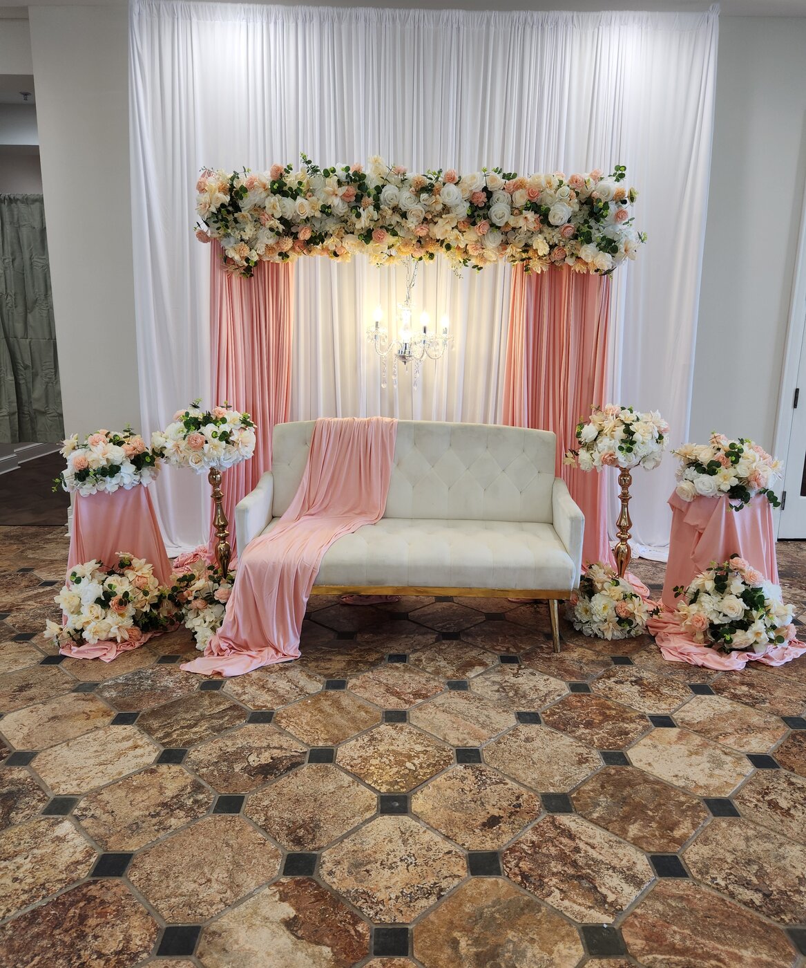 Blush ivory reception stage Arabic wedding Columbus