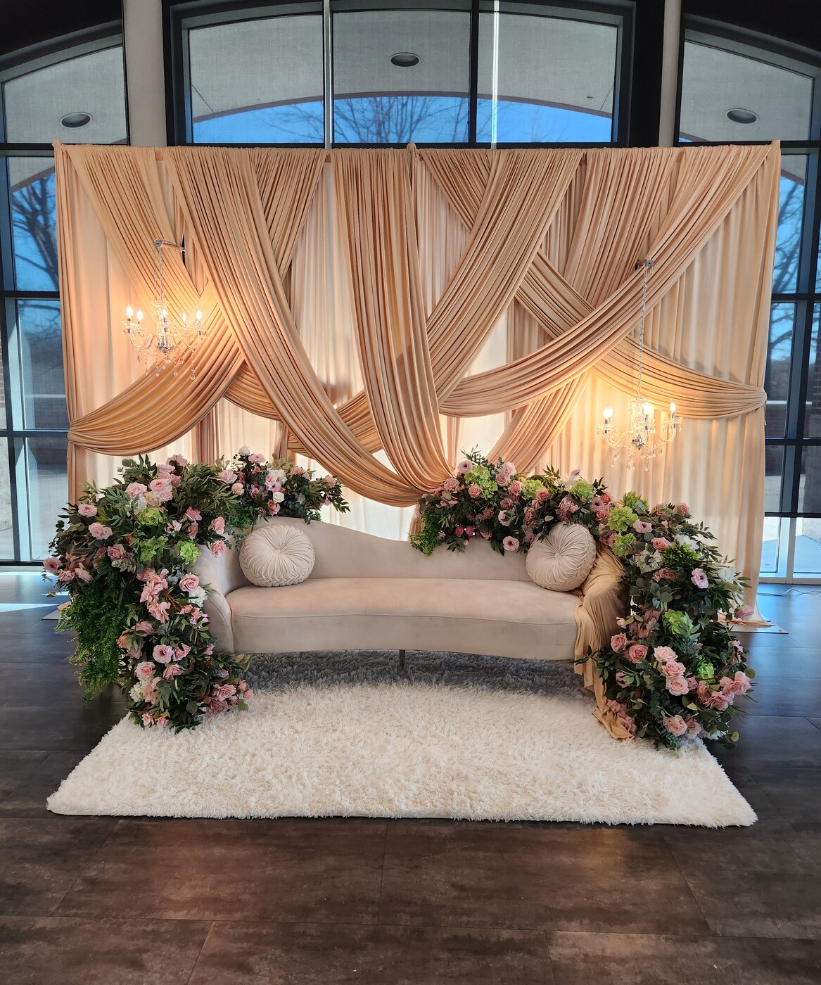 Blush pink Arabic wedding stage with gold candelabras Ohio