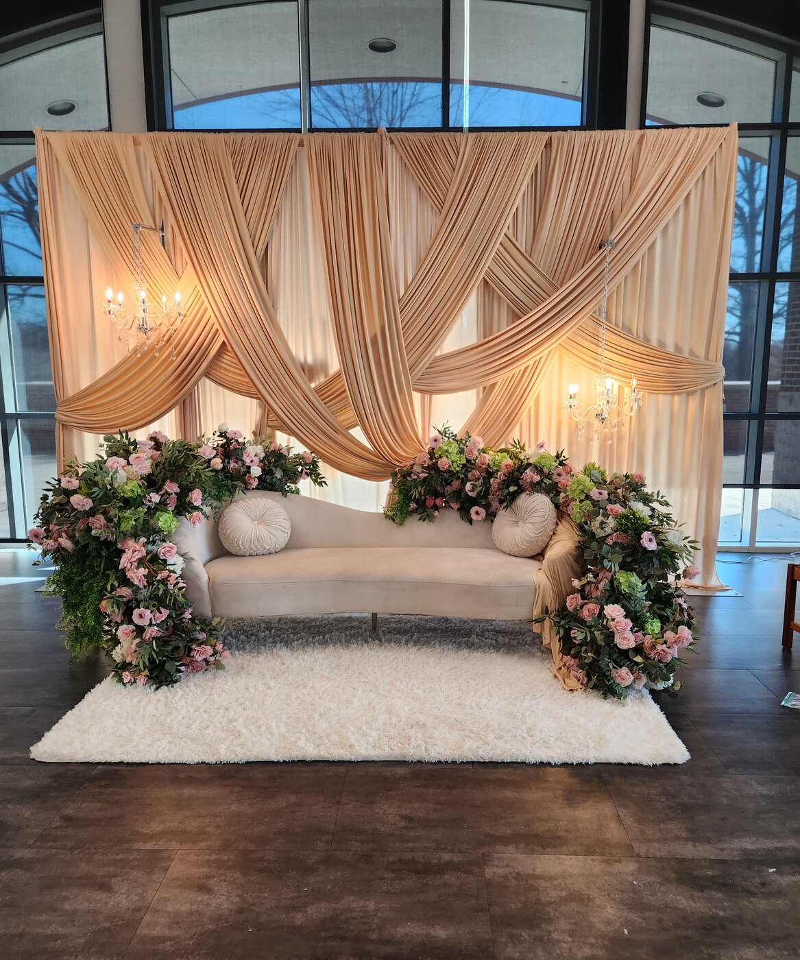 Champagne stage crescent florals Arabic wedding Ohio