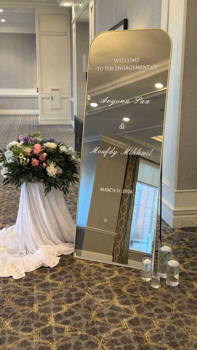 Gold framed welcome mirror sign engagement party Columbus Ohio 2026