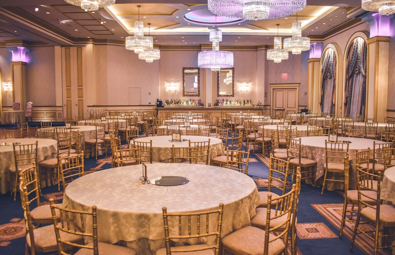 Corporate gala dinner elegant ballroom gold chiavari chairs crystal chandeliers Columbus Ohio