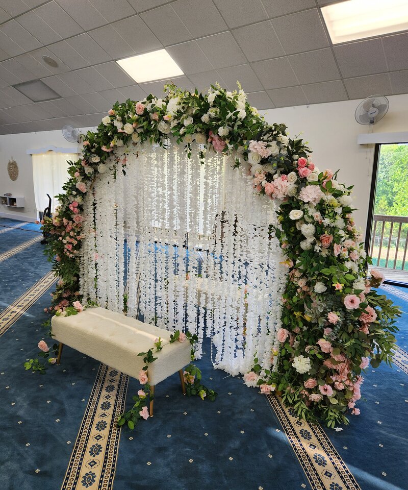 Mosque Nikkah ceremony pink floral arch with wisteria backdrop masjid Columbus Ohio