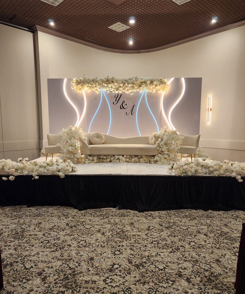 Modern LED wave light wedding stage white florals Y and A monogram Columbus Ohio