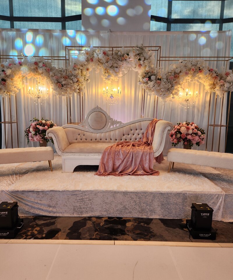 Rose gold geometric frame wedding stage Victorian chaise fog effects Ohio