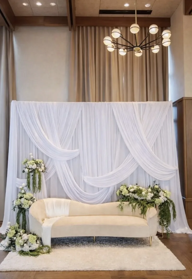 White swag-draped sweetheart stage with ivory chaise and green-and-white florals by Events By Maryam