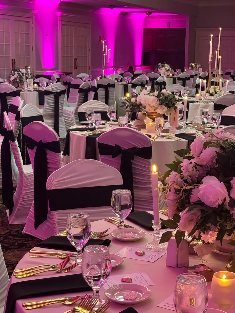 Reception tables with black chair sashes, tall candles and pink peony centerpieces under magenta uplighting by Events By Maryam